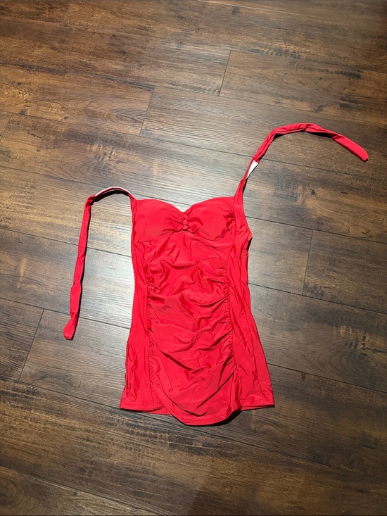 Unknown Other - Red Ruched Bandeau Swim Top with Removable Straps